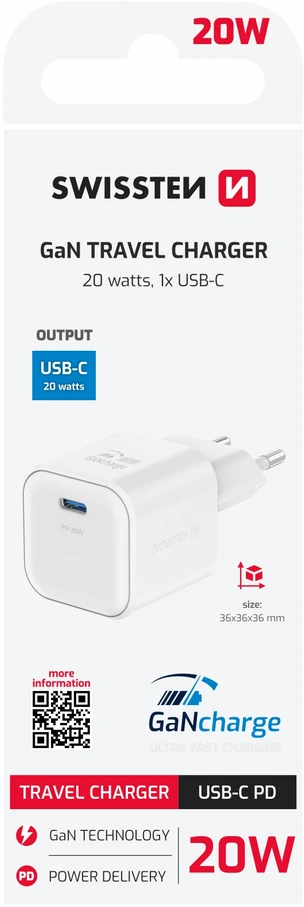 SWISSTEN GaN USB-C 20W maitinimo adapteris baltas