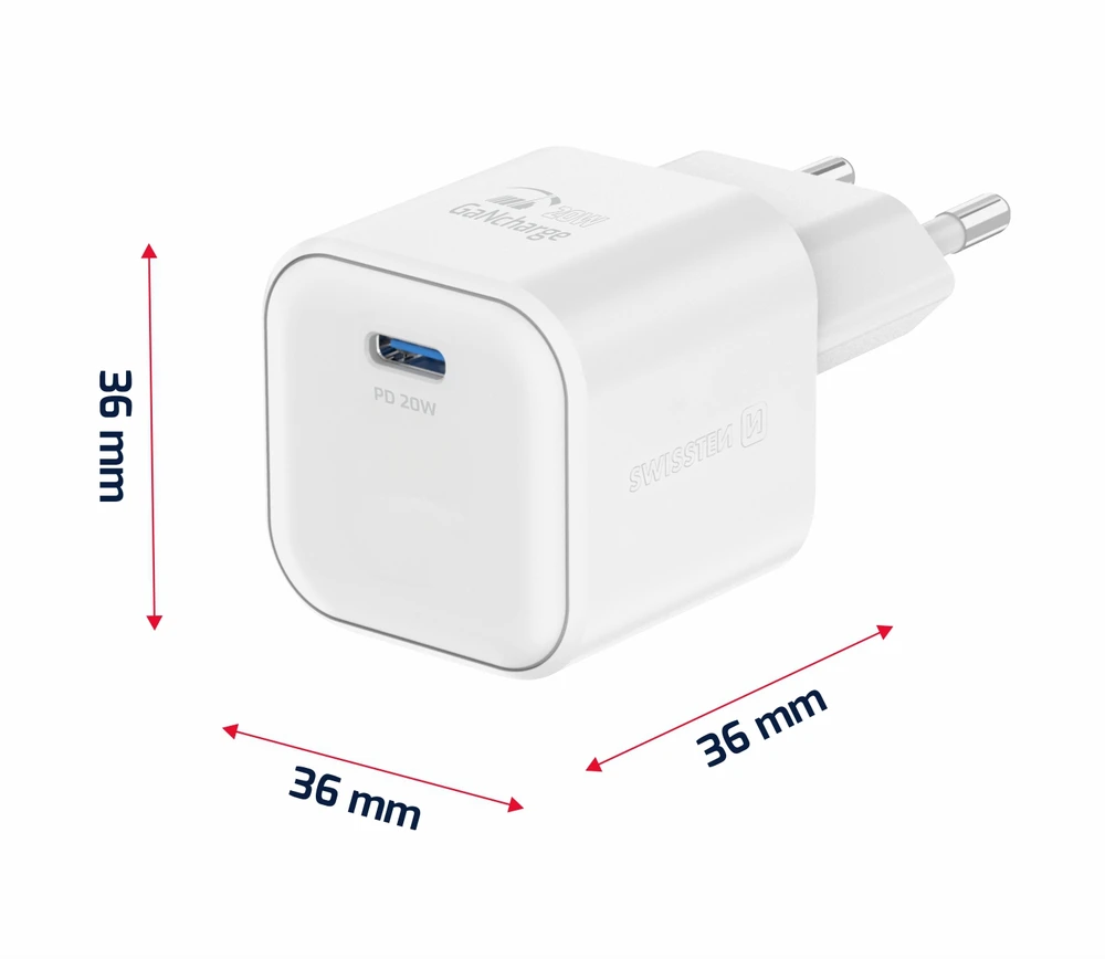 SWISSTEN GaN USB-C 20W maitinimo adapteris baltas
