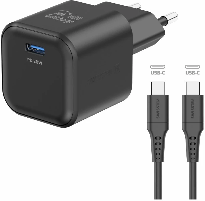 SWISSTEN Síťový adaptér GaN USB-C + datový kabelis USB-C - USB-C 1.2m juoda