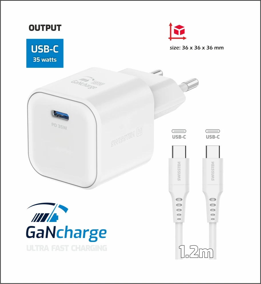 „Swissten“ kelioninis įkroviklis GaN USB-C 35 W PD + duomenų kabelis USB-C - USB-C 1,2 m