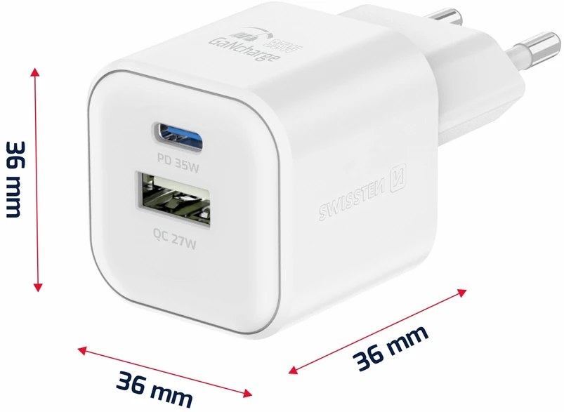 Swissten kelioninis įkroviklis GaN USB-C 35W PD / USB-A 27W QC