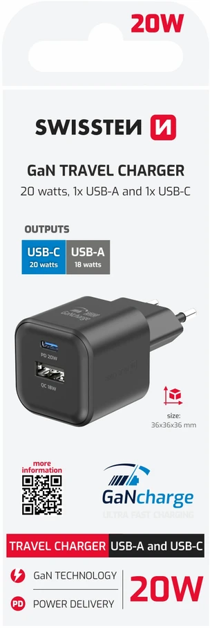 Swissten kelioninis įkroviklis GaN USB-C 20W PD / USB-A 18W QC