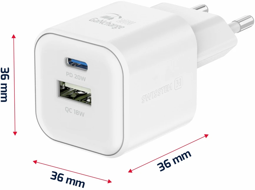 Swissten kelioninis įkroviklis GaN USB-C 20W PD / USB-A 18W QC