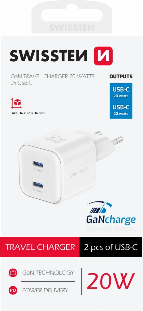Swissten GaN PD 2x USB-C kelioninis įkroviklis 20W