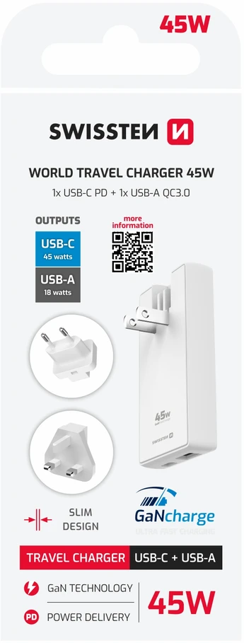 Swissten Travel Charger GaN USB-C / USB 45W (US/EU/UK)