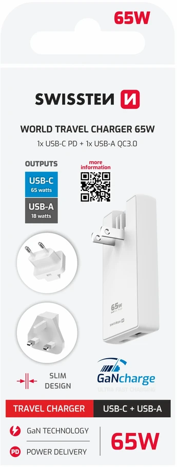 Įkroviklis Swissten Swissten Travel Charger GaN USB-C / USB 65W