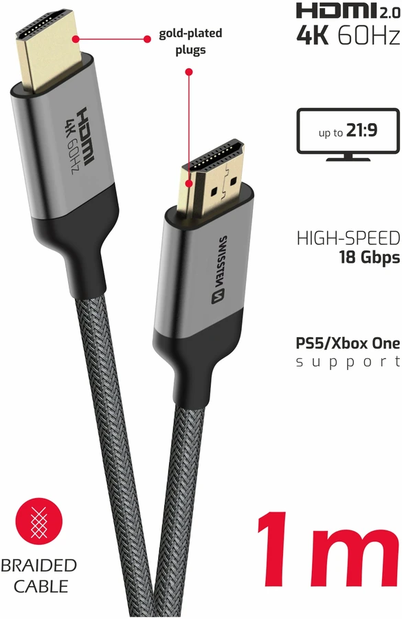 Swissten HDMI–HDMI 4K kabelis 1 m