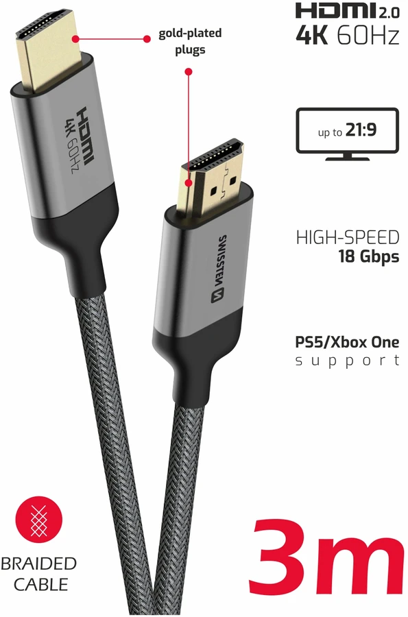 Swissten HDMI į HDMI 4K kabelis 3m