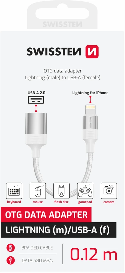 „Swissten Textile Lightning“ – USB-A OTG adapteris, 0,12 m