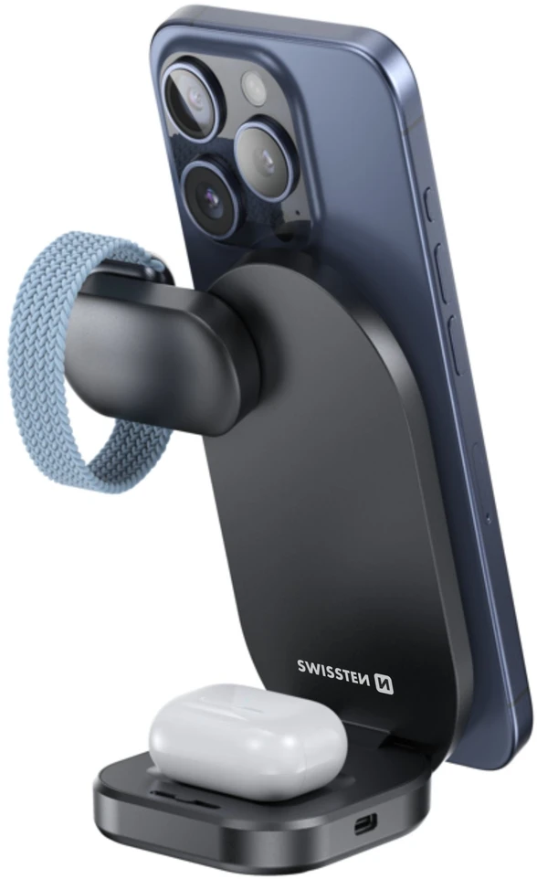 Swissten MagBase 3-in-1 Wireless Charger, Juodas