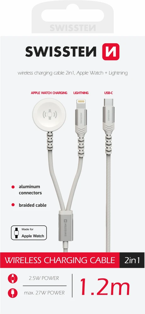 Swissten belaidis įkroviklis 2in1 Apple Watch ir Lightning USB-C 1,2m