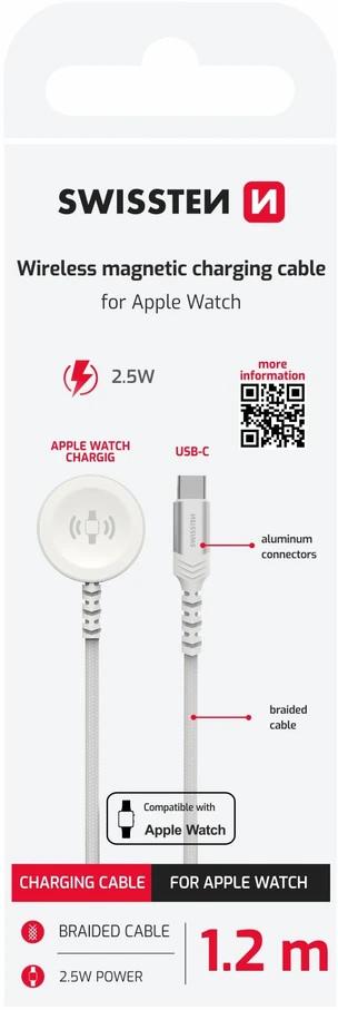 Swissten pintas metalinis magnetinis belaidis įkroviklis, skirtas Apple Watch USB-C 1,2 m