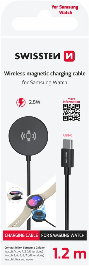 „Swissten“ belaidis magnetinis įkroviklis, skirtas „Samsung Galaxy Watch“ laikrodžiui, USB-C, 1,2 m