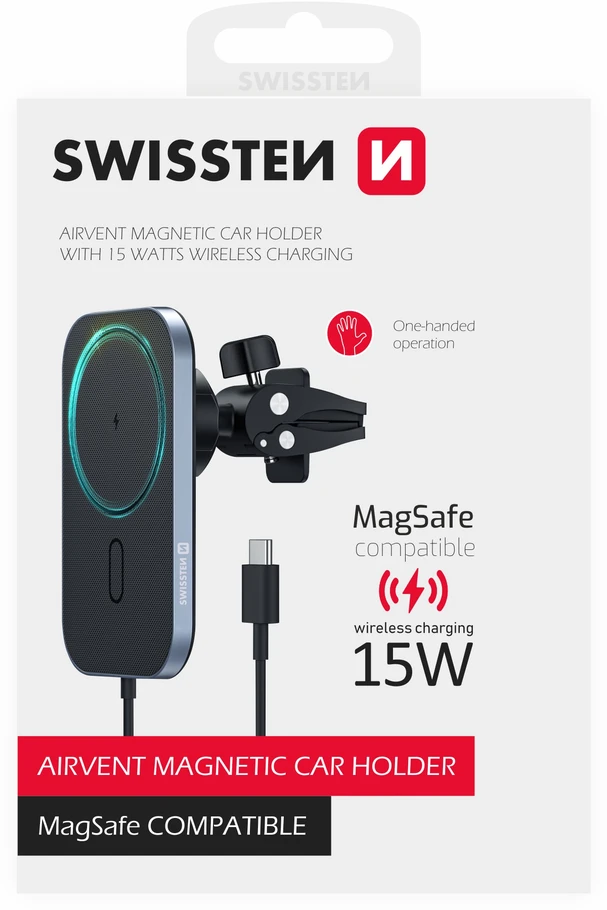 Swissten Magsafe Air Vent automobilio laikiklis su 15 W belaidžiu įkrovimu