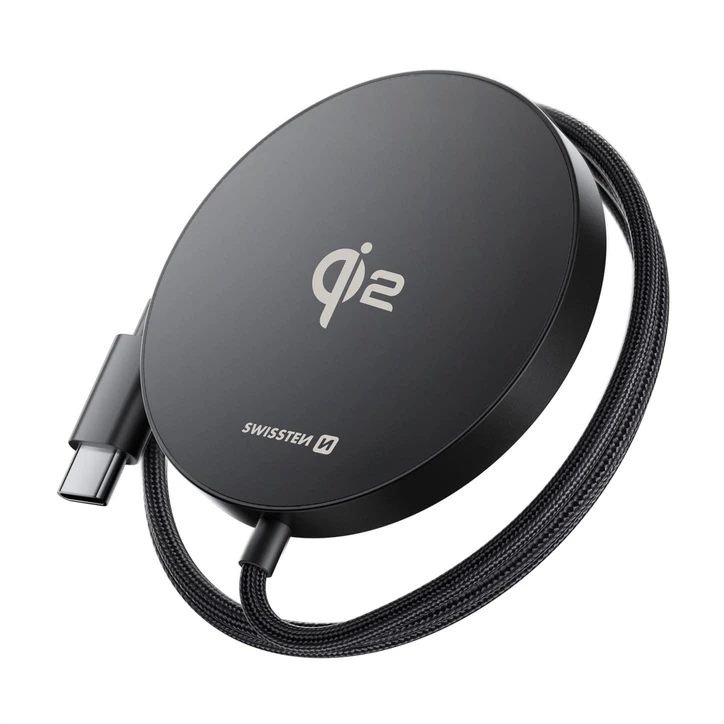 „Swissten MagPuck Qi2“ belaidis įkroviklis, 1,5 m (suderinamas su „MagSafe“)