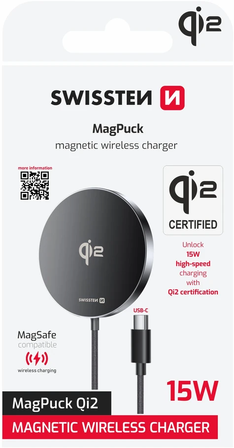 „Swissten MagPuck Qi2“ belaidis įkroviklis, 1,5 m (suderinamas su „MagSafe“)