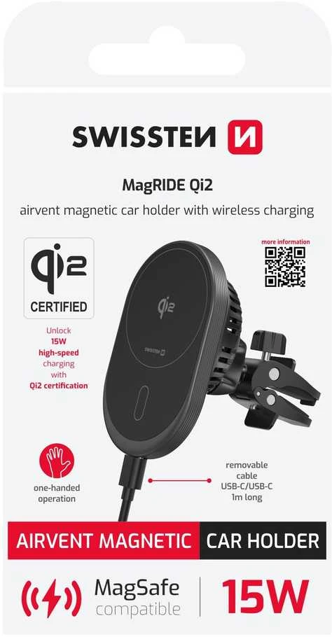 „Swissten“ magnetinis automobilinis laikiklis „MagRide“ su belaidžiu įkrovikliu „Qi2 15W“ (suderinamas su „MagSafe“)