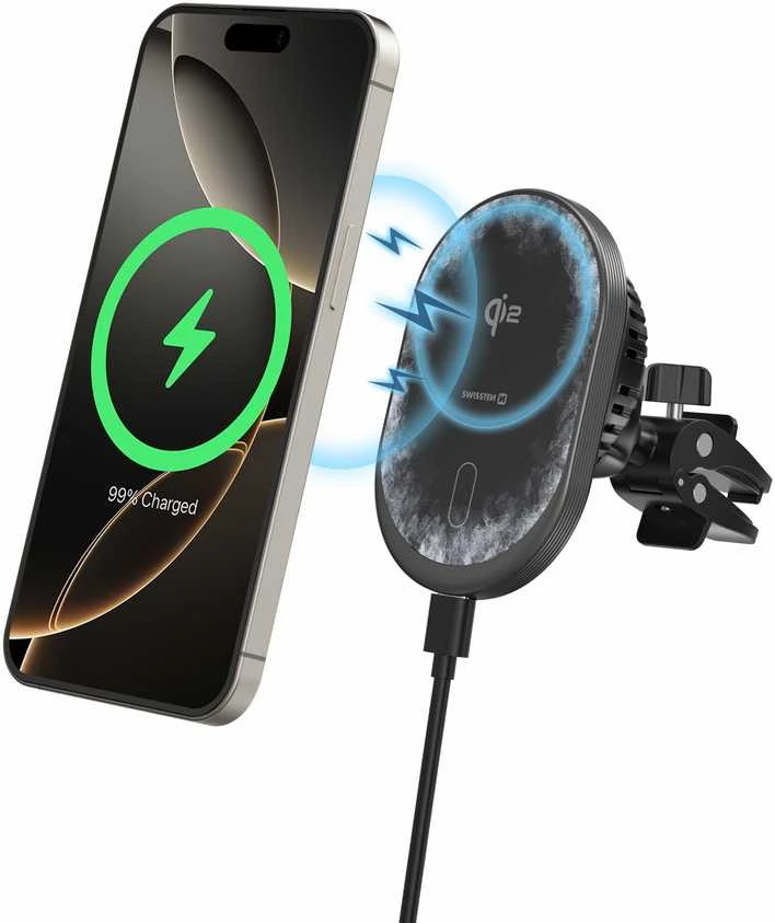 „Swissten“ magnetinis automobilinis laikiklis „MagRide“ su belaidžiu įkrovikliu „Qi2 15W“ (suderinamas su „MagSafe“)