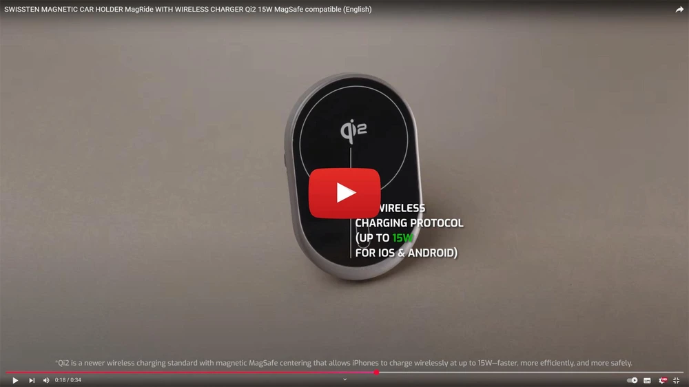 „Swissten“ magnetinis automobilinis laikiklis „MagRide“ su belaidžiu įkrovikliu „Qi2 15W“ (suderinamas su „MagSafe“)