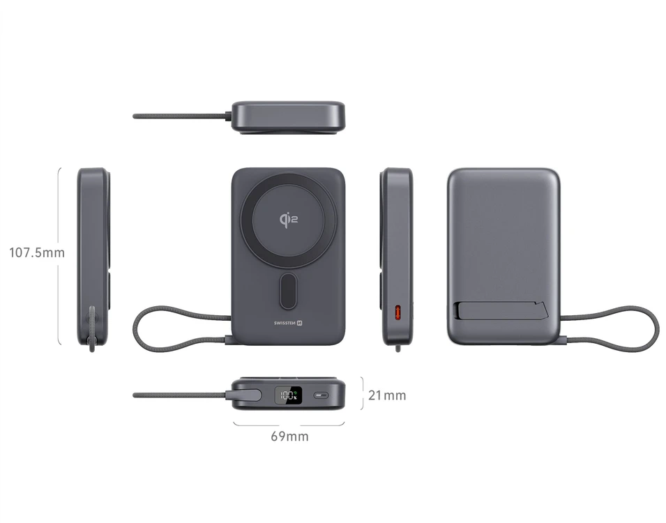 „Swissten Qi2 MagSafe“ išorinė baterija, 15 W, su integruotu USB-C laidu, 10000 mAh