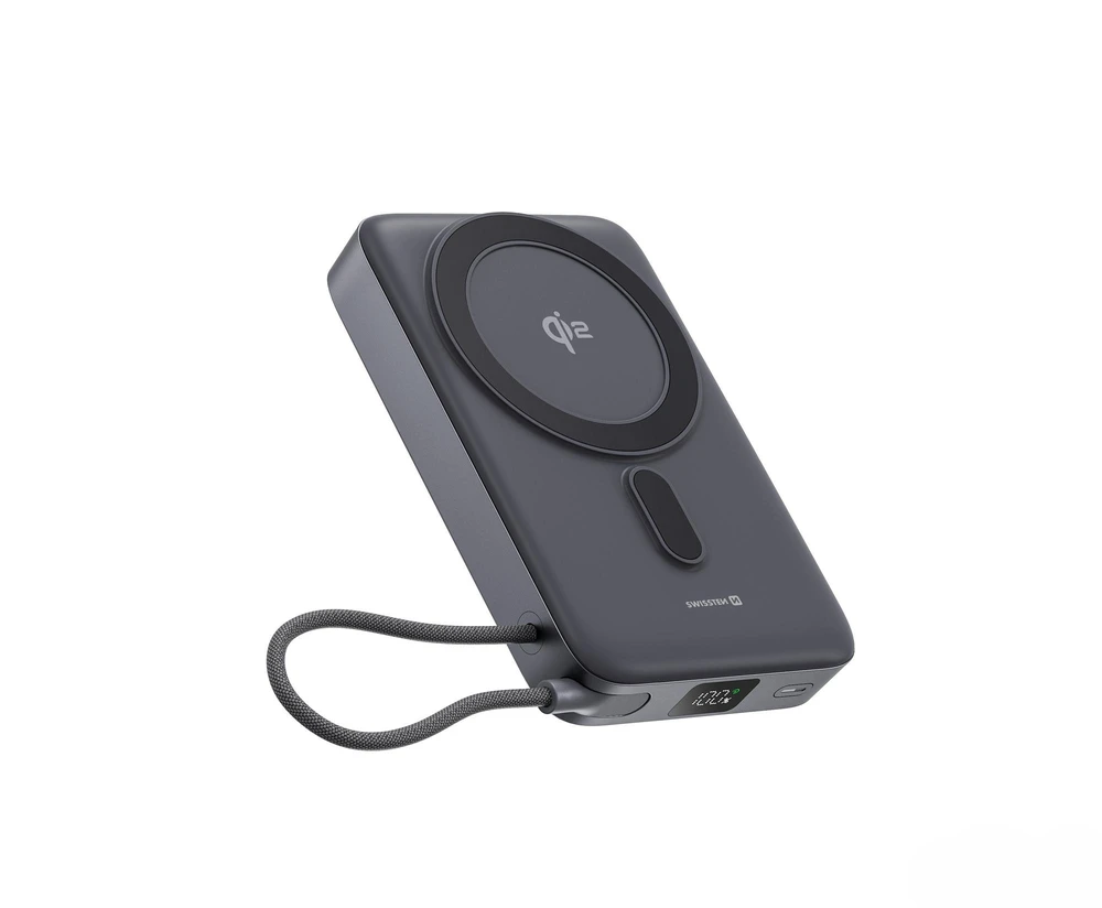 „Swissten Qi2 MagSafe“ išorinė baterija, 15 W, su integruotu USB-C laidu, 10000 mAh