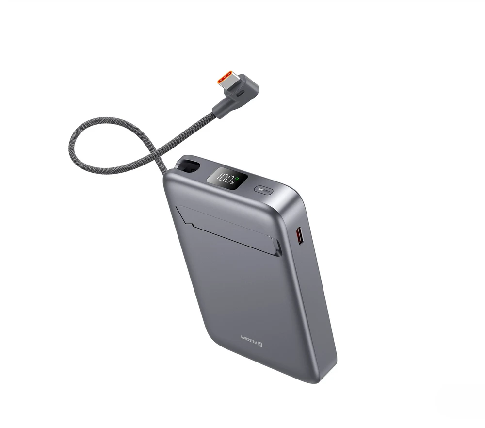 „Swissten Qi2 MagSafe“ išorinė baterija, 15 W, su integruotu USB-C laidu, 10000 mAh