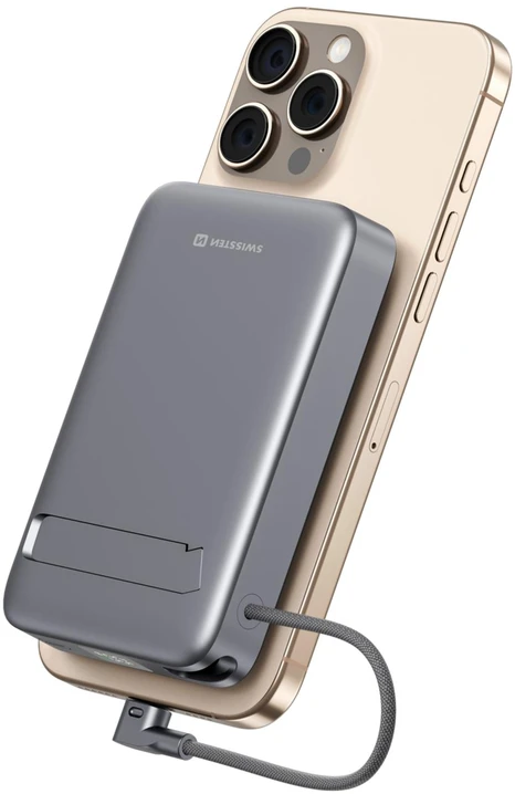 „Swissten Qi2 MagSafe“ išorinė baterija, 15 W, su integruotu USB-C laidu, 10000 mAh