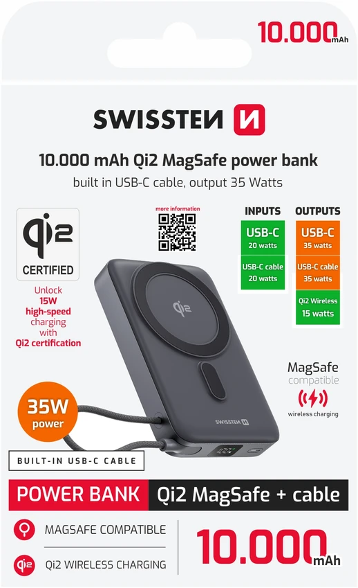 „Swissten Qi2 MagSafe“ išorinė baterija, 15 W, su integruotu USB-C laidu, 10000 mAh