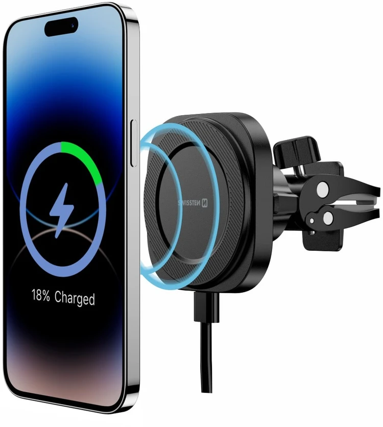 „Swissten Magstick“ kompaktiškas magnetinis automobilio laikiklis su belaidžiu įkrovikliu 15 W/7,5 W (suderinamas su „Magsafe“)
