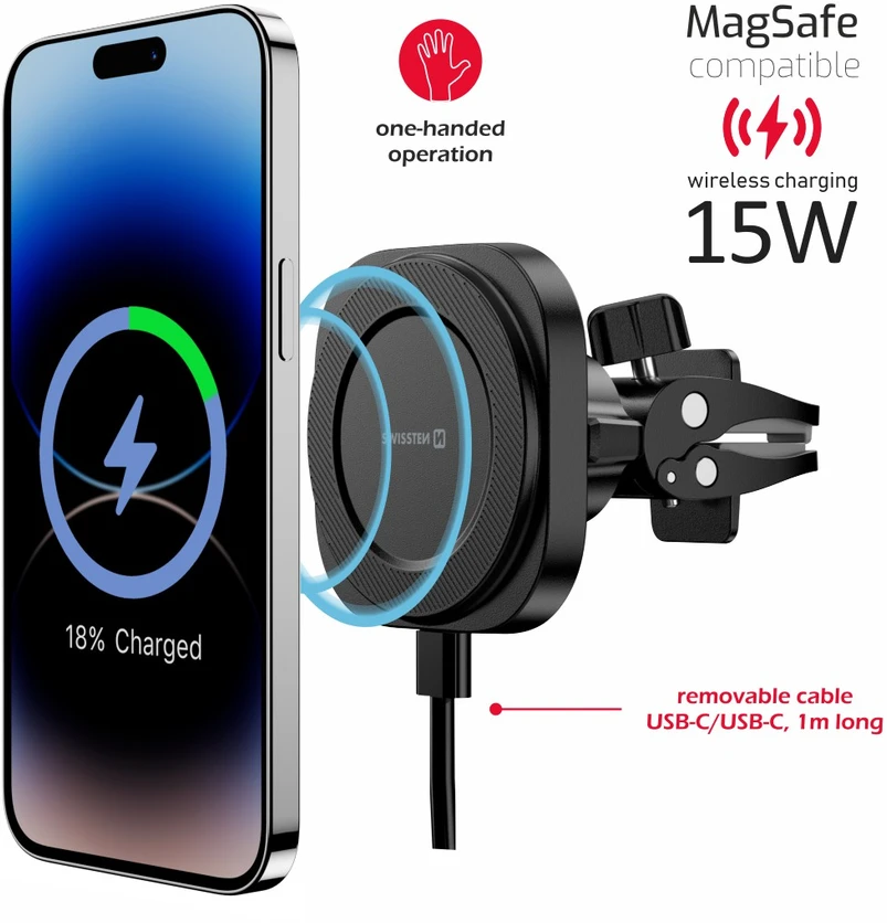„Swissten Magstick“ kompaktiškas magnetinis automobilio laikiklis su belaidžiu įkrovikliu 15 W/7,5 W (suderinamas su „Magsafe“)