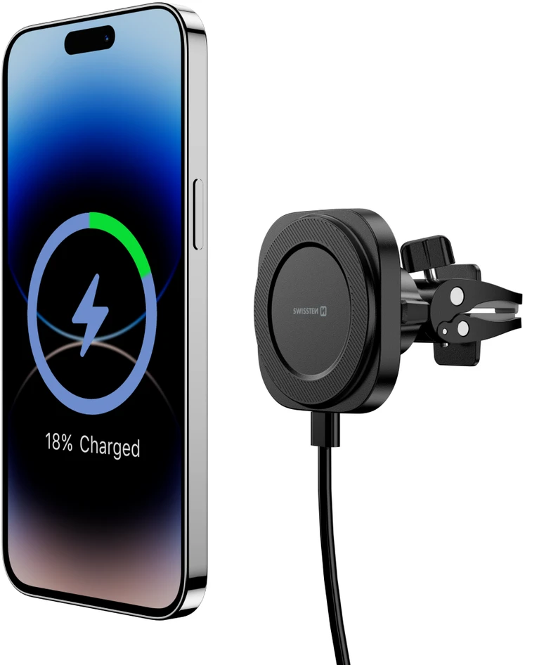 „Swissten Magstick“ kompaktiškas magnetinis automobilio laikiklis su belaidžiu įkrovikliu 15 W/7,5 W (suderinamas su „Magsafe“)
