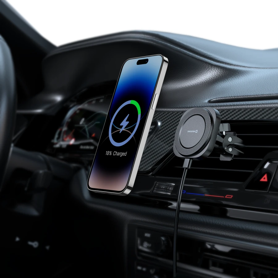 „Swissten Magstick“ kompaktiškas magnetinis automobilio laikiklis su belaidžiu įkrovikliu 15 W/7,5 W (suderinamas su „Magsafe“)