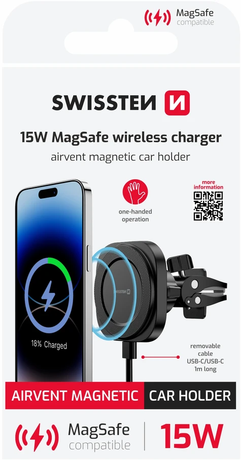 „Swissten Magstick“ kompaktiškas magnetinis automobilio laikiklis su belaidžiu įkrovikliu 15 W/7,5 W (suderinamas su „Magsafe“)