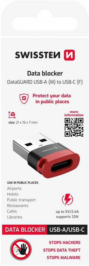 „Swissten DataGUARD“ įkrovimo adapteris su duomenų blokavimu, USB-A–USB-C