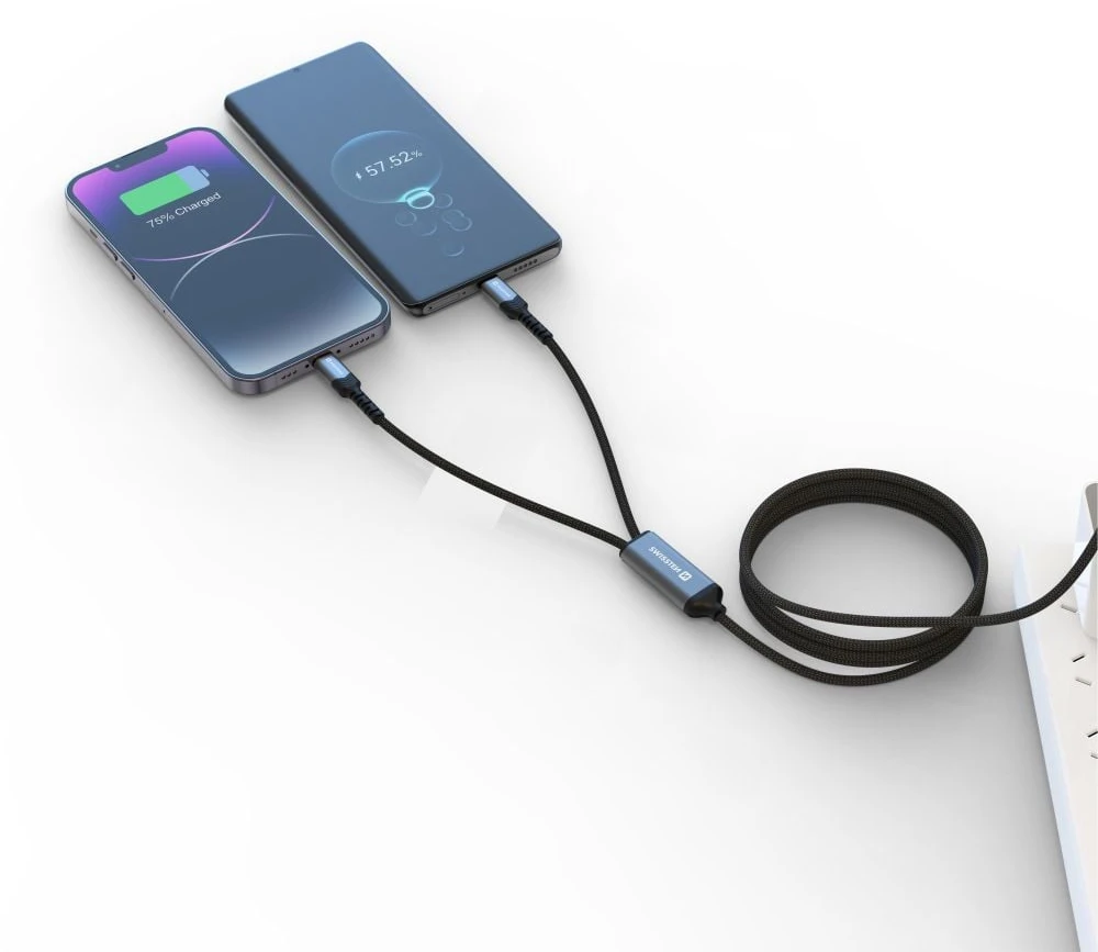 „Swissten 2in1“ įkrovimo USB-C / 2x USB-C laidas 100W 1,5 m