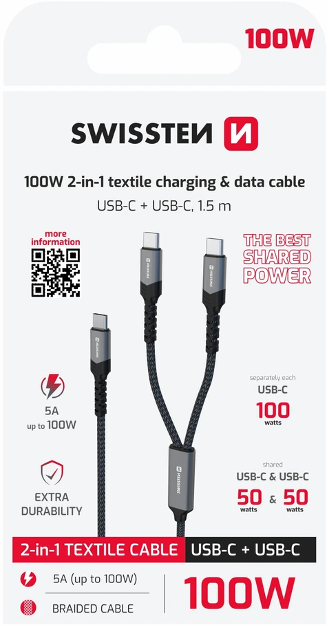 „Swissten 2in1“ įkrovimo USB-C / 2x USB-C laidas 100W 1,5 m