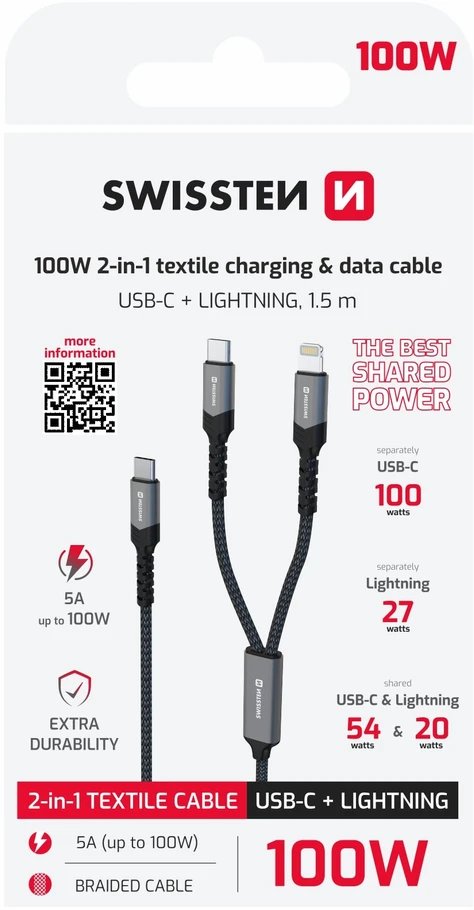 „Swissten Textile 2in1“ USB-C / apšvietimo laidas 100 W 1,5 m