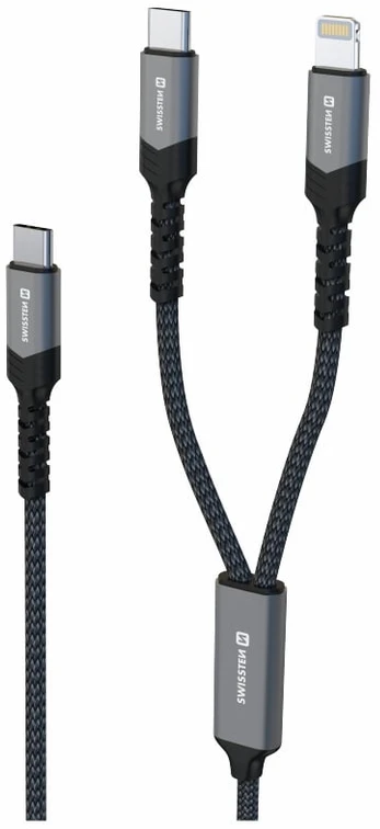 „Swissten Textile 2in1“ USB-C / apšvietimo laidas 100 W 1,5 m