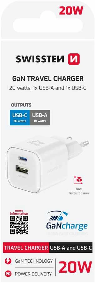 Swissten kelioninis įkroviklis GaN USB-C 20W PD / USB-A 18W QC