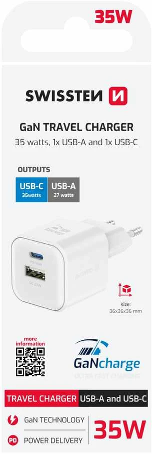 Swissten kelioninis įkroviklis GaN USB-C 35W PD / USB-A 27W QC