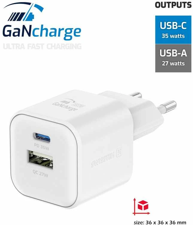 Swissten kelioninis įkroviklis GaN USB-C 35W PD / USB-A 27W QC