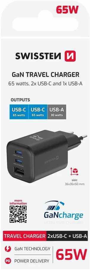 „Swissten“ kelioninis įkroviklis GaN 2x USB-C / PD USB-A / 18W QC / 65W
