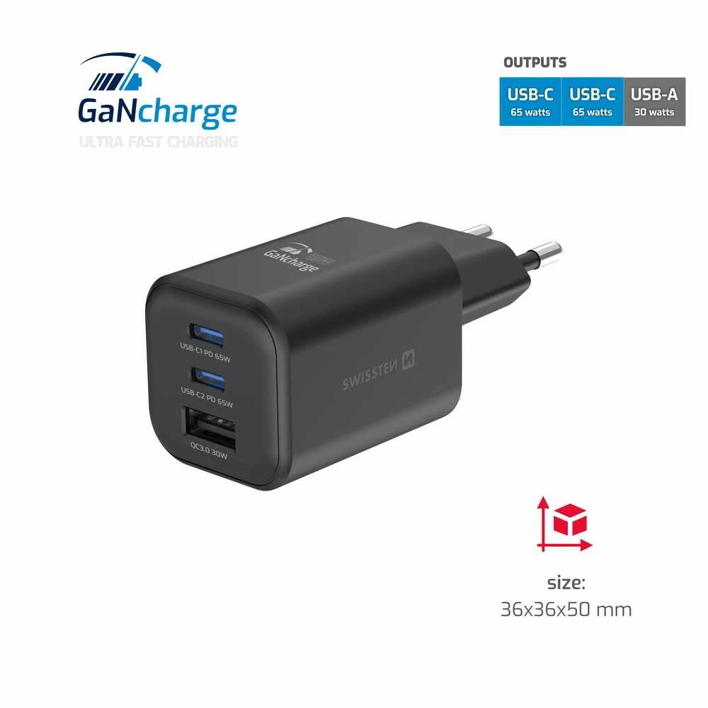 „Swissten“ kelioninis įkroviklis GaN 2x USB-C / PD USB-A / 18W QC / 65W