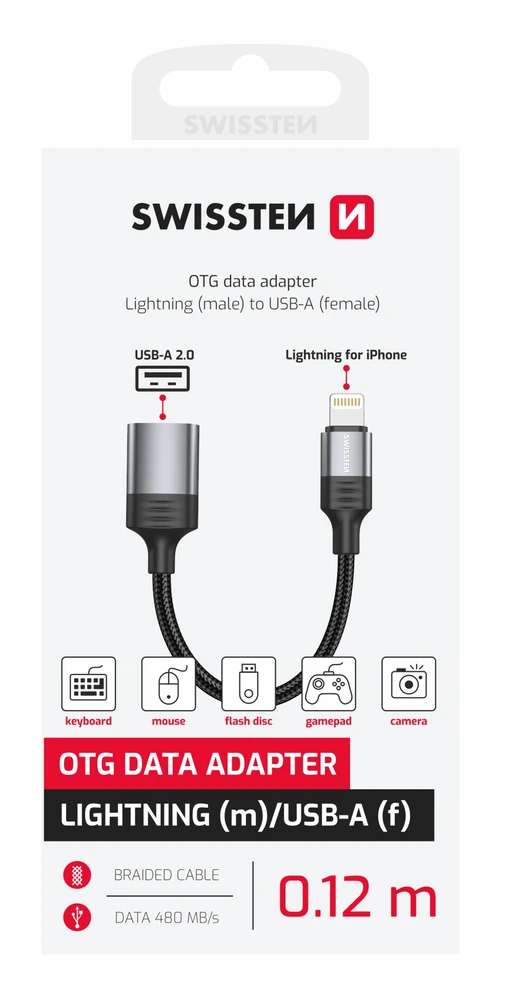 SWISSTEN TEXTILE OTG adaptér Lightning (M) na USB-A (F) 0.13m juoda