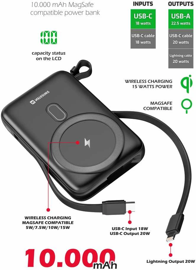 Swissten Power Bank 10000 mAh 20W su įmontuotais USB-C ir Lightning laidais (suderinamas su MagSafe)