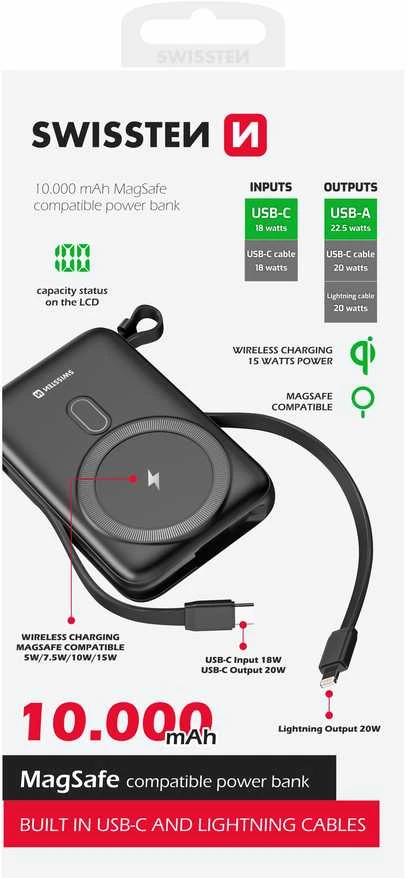 Swissten Power Bank 10000 mAh 20W su įmontuotais USB-C ir Lightning laidais (suderinamas su MagSafe)