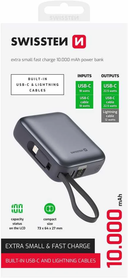 „Swissten“ išorinė baterija 10000 mAh su integruotais USB-C ir „Lightning“ laidais