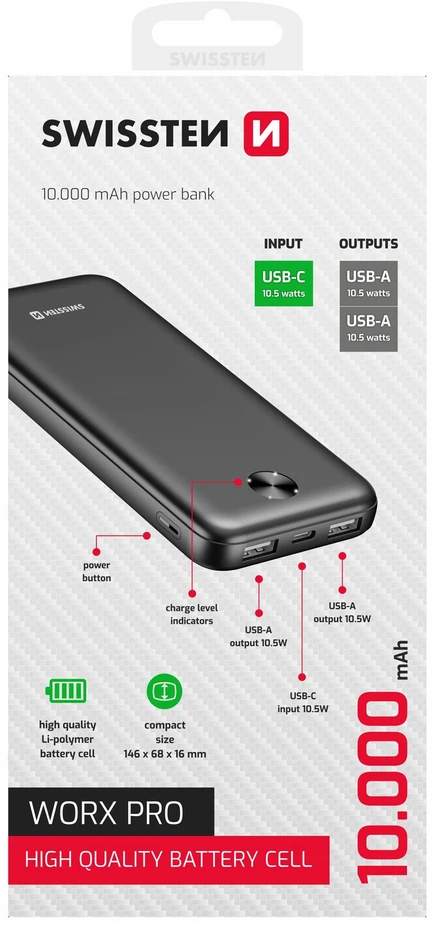 Swissten SWISSTEN, išorinė baterija, WORX, Li-Pol, 5/9/12V, telefonams ir kitiems įrenginiams įkrauti, 22013949, 10000mAh, juoda