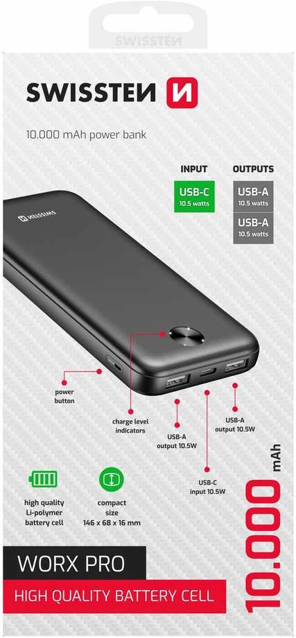 Swissten SWISSTEN, išorinė baterija, WORX, Li-Pol, 5/9/12V, telefonams ir kitiems įrenginiams įkrauti, 22013949, 10000mAh, juoda