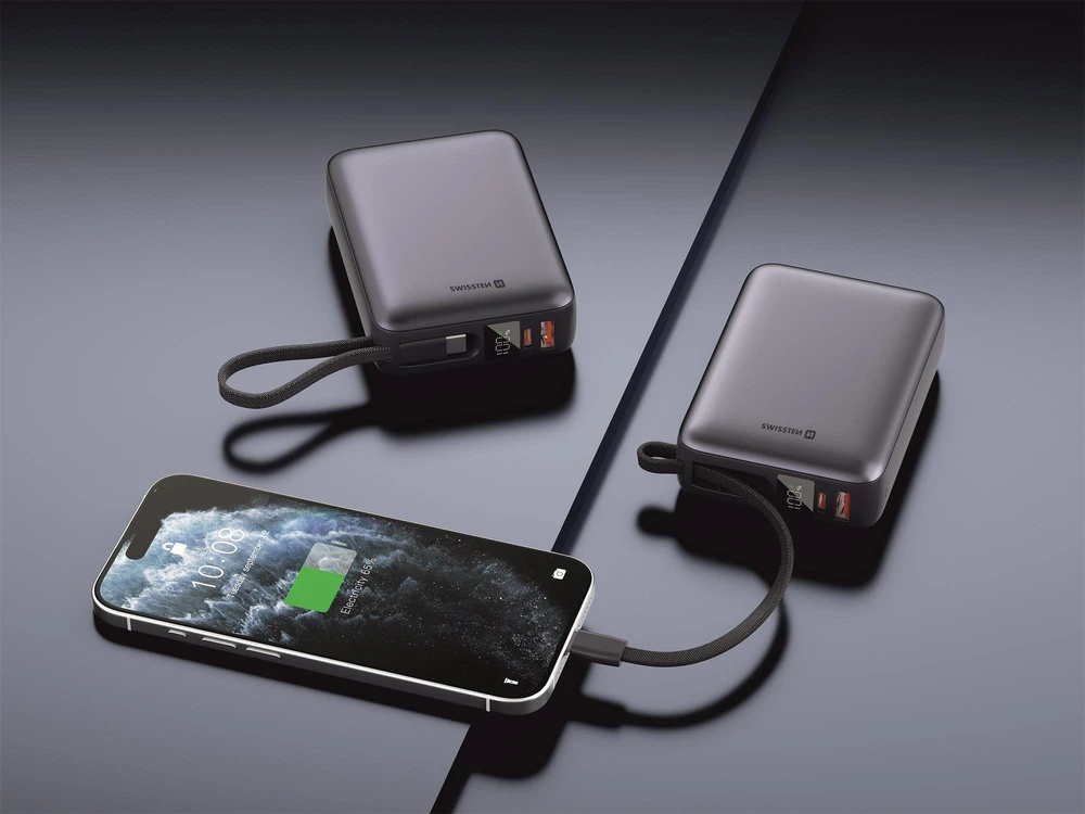 „Swissten“ išorinė baterija 20000 mAh 45 W su integruotu USB-C laidu